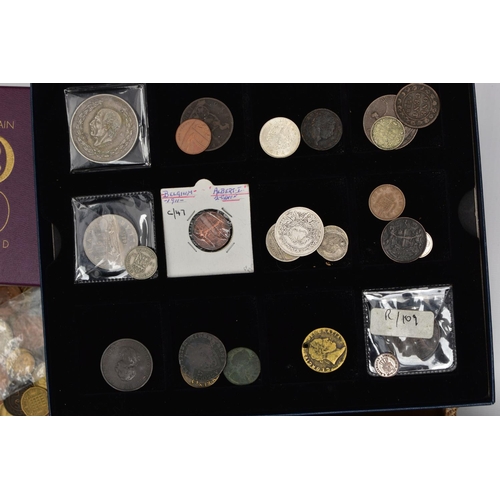 141 - A CARDBOARD BOX CONTAINING COINS AND COMMORATIVES, to include silver and silver content coins Egypt,... 