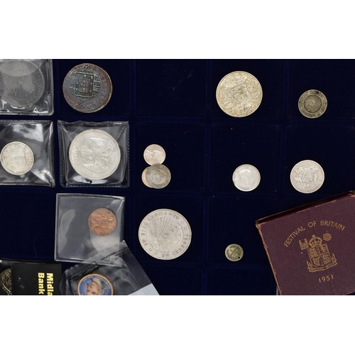 141 - A CARDBOARD BOX CONTAINING COINS AND COMMORATIVES, to include silver and silver content coins Egypt,... 