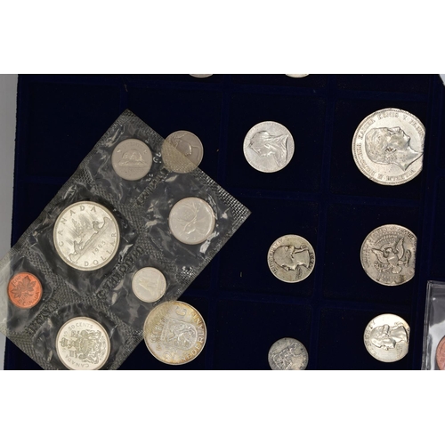 141 - A CARDBOARD BOX CONTAINING COINS AND COMMORATIVES, to include silver and silver content coins Egypt,... 