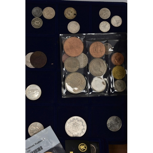 141 - A CARDBOARD BOX CONTAINING COINS AND COMMORATIVES, to include silver and silver content coins Egypt,... 