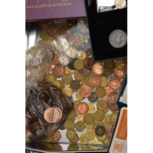 141 - A CARDBOARD BOX CONTAINING COINS AND COMMORATIVES, to include silver and silver content coins Egypt,... 