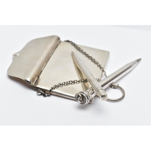 17 - A SILVER CARD CASE AND TWO PROPELLING PENCILS, the card case in the form of an envelope fitted with ... 