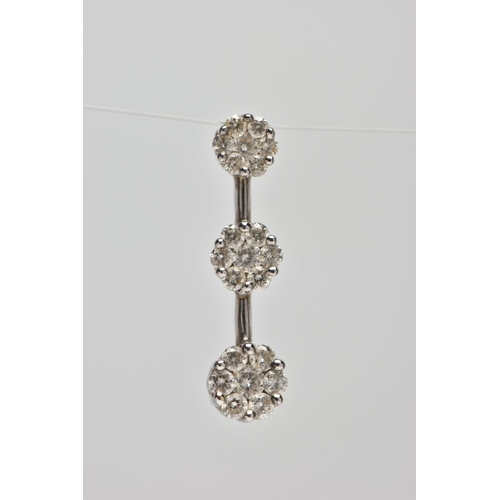 2 - A 9CT WHITE GOLD DIAMOND CLUSTER PENDANT, comprising of three graduated brilliant cut diamond floral... 