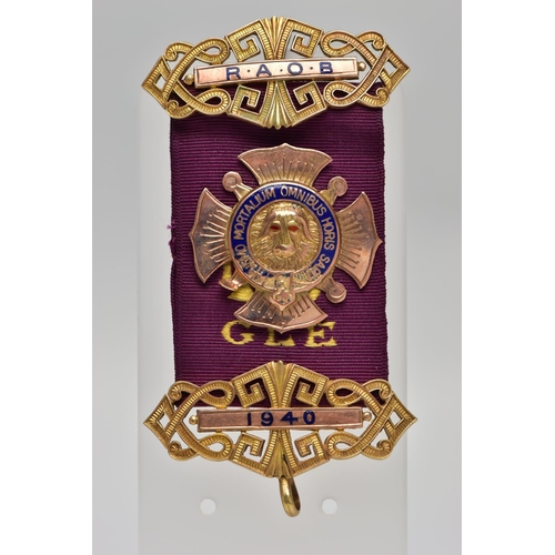 20 - A 9CT GOLD R.A.O.B WITH PURPLE RIBBON, the central panel AF, embossed Buffalo with red enamel eyes, ... 