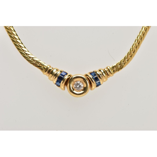 26 - A YELLOW METAL DIAMOND AND SAPPHIRE NECKLACE, an articulated flat link chain fitted with a claw set ... 