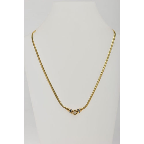 26 - A YELLOW METAL DIAMOND AND SAPPHIRE NECKLACE, an articulated flat link chain fitted with a claw set ... 