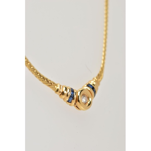 26 - A YELLOW METAL DIAMOND AND SAPPHIRE NECKLACE, an articulated flat link chain fitted with a claw set ... 