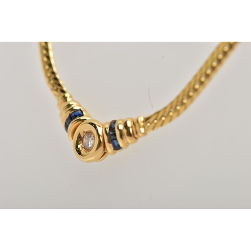 26 - A YELLOW METAL DIAMOND AND SAPPHIRE NECKLACE, an articulated flat link chain fitted with a claw set ... 