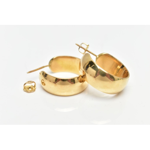 30 - A PAIR OF MODERN 18CT GOLD EARRINGS, each designed as a plain polished solid ear hoop, with screw th... 