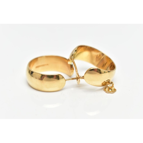 30 - A PAIR OF MODERN 18CT GOLD EARRINGS, each designed as a plain polished solid ear hoop, with screw th... 