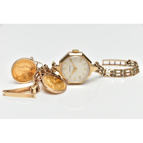 31 - A GARRARD 9CT GOLD MANUAL WIND WRISTWATCH TOGETHER WITH TWO MOUNTED 1/10 OZ KRUGERRAND COINS, the wa... 