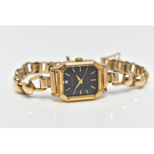 33 - A LADIES 1950's 'ACCURIST' WRISTWATCH WITH 9CT GOLD STRAP, the octagonal black dial, signed 'Accuris... 