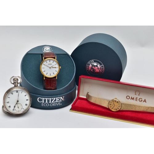 35 - AN 'OMEGA DEVILLE' WATCH, A 'CITIZEN ECO-DRIVE WATCH' AND A SILVER POCKET WATCH, a ladies Omega wris... 