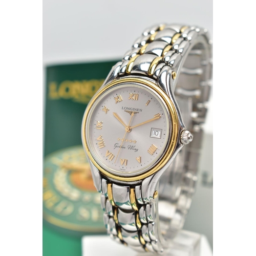 36 - A 'LONGINES' WRISTWATCH, round silver dial signed 'Longines, Golden wing', Roman numerals, date wind... 