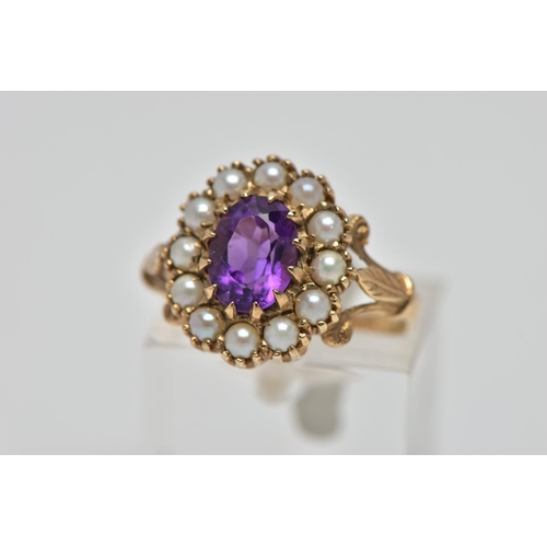 38 - A 9CT GOLD AMETHYST AND SEED PEARL CLUSTER RING, the oval cut amethyst within claw setting to the se... 