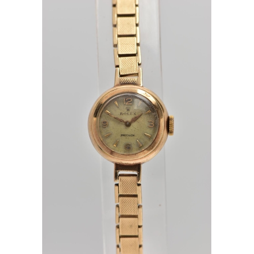 4 - A LADIES 9CT GOLD 'ROLEX PRECISION' WRISTWATCH, hand wound movement, non-running, round discoloured ... 