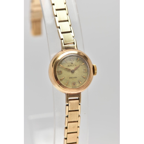 4 - A LADIES 9CT GOLD 'ROLEX PRECISION' WRISTWATCH, hand wound movement, non-running, round discoloured ... 