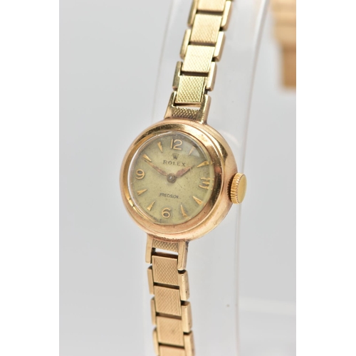 4 - A LADIES 9CT GOLD 'ROLEX PRECISION' WRISTWATCH, hand wound movement, non-running, round discoloured ... 