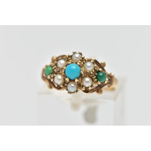 40 - A 9CT GOLD TURQUISE AND SEED PEARL CLUSTER RING, the circular turquoise green and blue cabochons cla... 