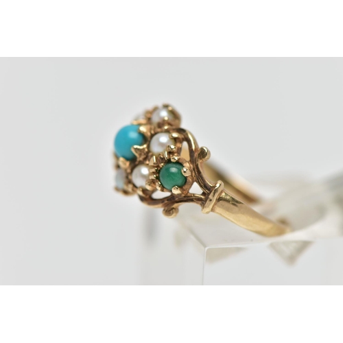 40 - A 9CT GOLD TURQUISE AND SEED PEARL CLUSTER RING, the circular turquoise green and blue cabochons cla... 