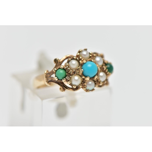 40 - A 9CT GOLD TURQUISE AND SEED PEARL CLUSTER RING, the circular turquoise green and blue cabochons cla... 