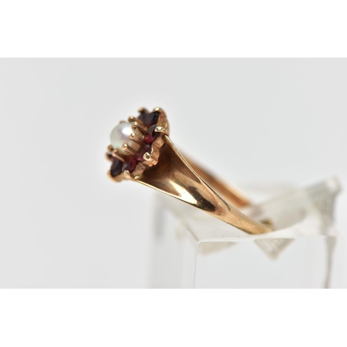 42 - A 9CT GOLD CULTURED PEARL AND GARNET CLUSTER RING, the claw set cultured pearl, with circular cut ga... 