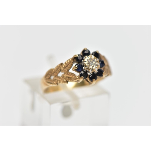 46 - A 9CT GOLD DIAMOND AND SAPPHIRE CLUSTER RING, the illusion set single cut diamond, within a circular... 