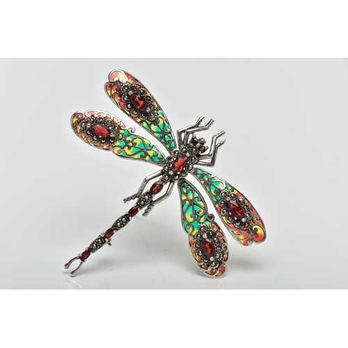 47 - A PLIQUE A JOUR, GARNET AND MARCASTITE DRAGONFLY BROOCH, the dragonfly set with a marquise cut garne... 