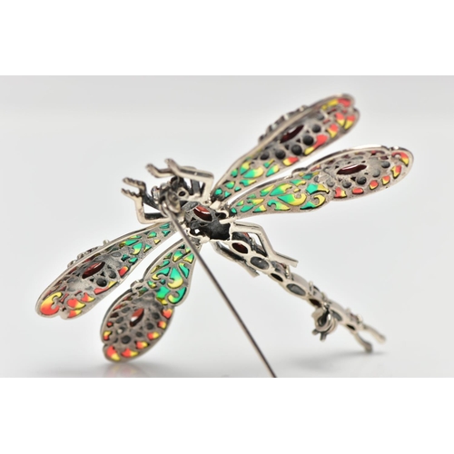 47 - A PLIQUE A JOUR, GARNET AND MARCASTITE DRAGONFLY BROOCH, the dragonfly set with a marquise cut garne... 