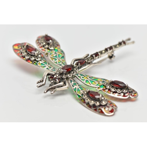 47 - A PLIQUE A JOUR, GARNET AND MARCASTITE DRAGONFLY BROOCH, the dragonfly set with a marquise cut garne... 