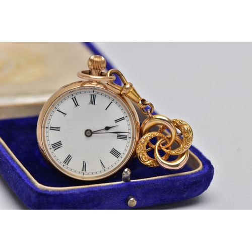 5 - AN EARLY 20TH CENTURY GOLD POCKET WATCH AND PIN, a yellow gold open face pocket watch, round white d... 