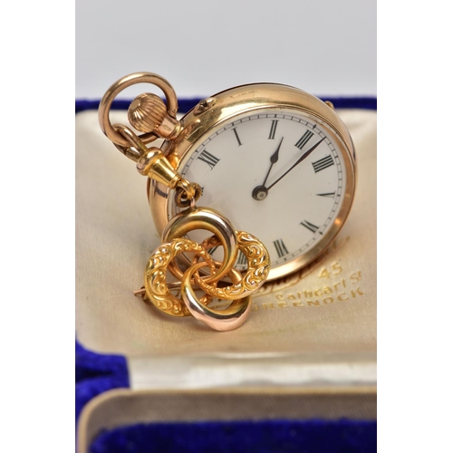 5 - AN EARLY 20TH CENTURY GOLD POCKET WATCH AND PIN, a yellow gold open face pocket watch, round white d... 