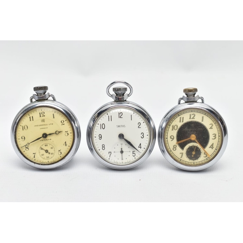 50 - THREE OPEN FACE POCKET WATCHES, three white metal pocket watches, the first with a white dial signed... 