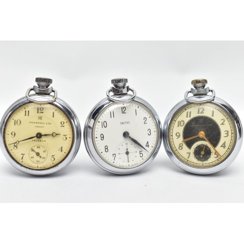 50 - THREE OPEN FACE POCKET WATCHES, three white metal pocket watches, the first with a white dial signed... 