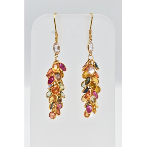 51 - A PAIR OF YELLOW METAL, SAPPHIRE SPECTACLE SET DROP EARRINGS, each earring comprised of twenty two m... 