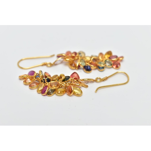 51 - A PAIR OF YELLOW METAL, SAPPHIRE SPECTACLE SET DROP EARRINGS, each earring comprised of twenty two m... 