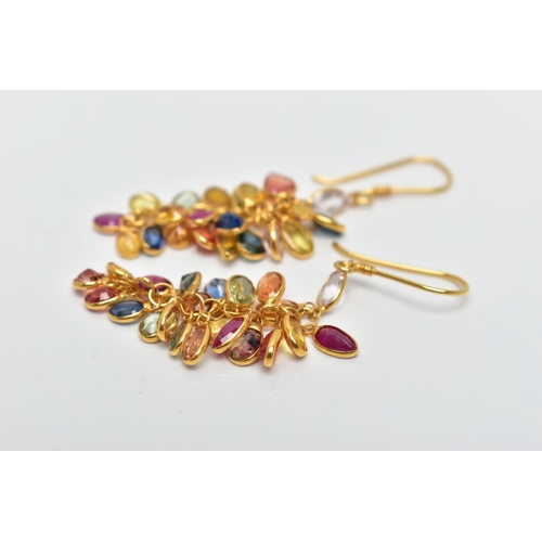 51 - A PAIR OF YELLOW METAL, SAPPHIRE SPECTACLE SET DROP EARRINGS, each earring comprised of twenty two m... 