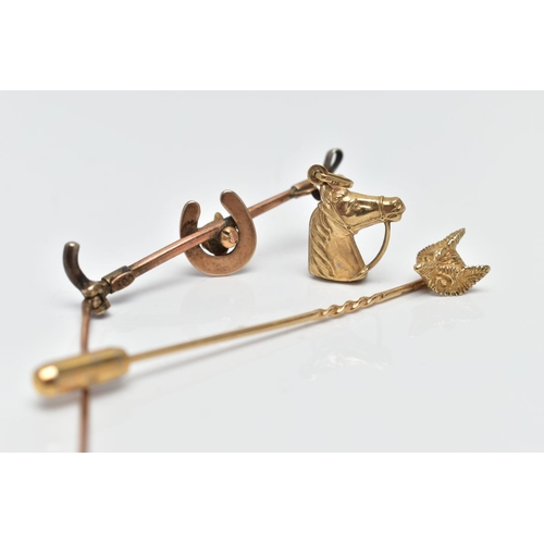 53 - A 9CT GOLD STICK PIN, FOX HEAD BROOCH AND A HORSE HEAD PENDANT, the stick pin set with a textured fo... 