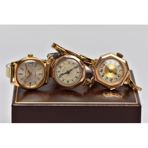 6 - TWO EARLY 20TH CENTURY 9CT GOLD WRISTWATCHES AND A 'JEAN RENET' WRISTWATCH, the first a rose gold la... 