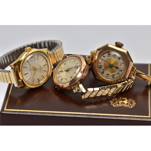 6 - TWO EARLY 20TH CENTURY 9CT GOLD WRISTWATCHES AND A 'JEAN RENET' WRISTWATCH, the first a rose gold la... 