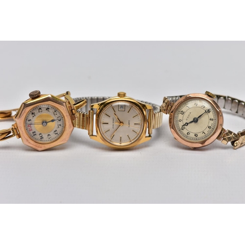 6 - TWO EARLY 20TH CENTURY 9CT GOLD WRISTWATCHES AND A 'JEAN RENET' WRISTWATCH, the first a rose gold la... 