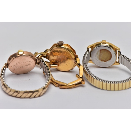 6 - TWO EARLY 20TH CENTURY 9CT GOLD WRISTWATCHES AND A 'JEAN RENET' WRISTWATCH, the first a rose gold la... 