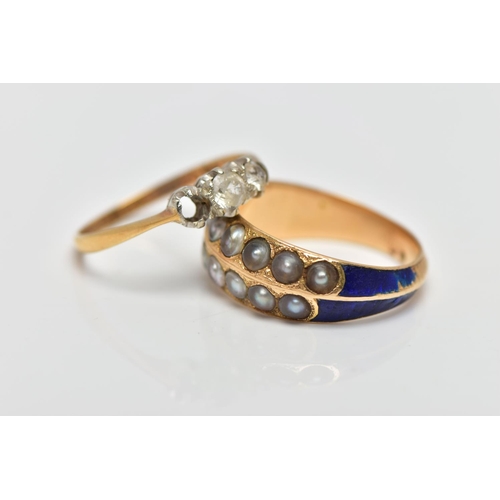 61 - A SPLIT PEARL AND ENAMEL RING WITH ONE OTHER, the first an AF yellow metal ring, set with two rows o... 