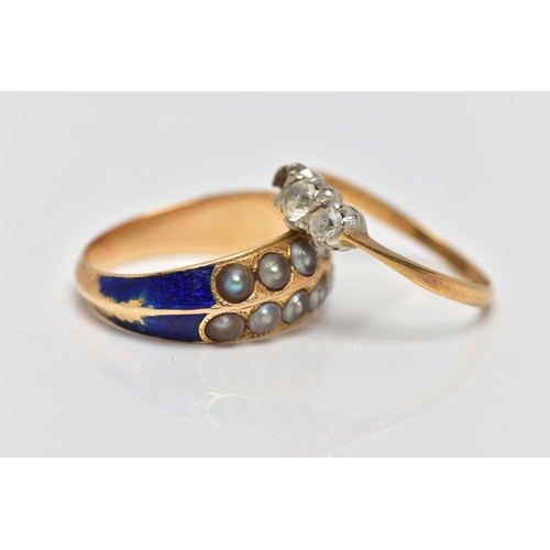 61 - A SPLIT PEARL AND ENAMEL RING WITH ONE OTHER, the first an AF yellow metal ring, set with two rows o... 