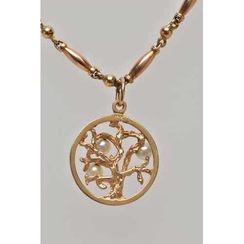 62 - A YELLOW METAL CHARM AND BRACELET, the charm of an oval openwork form depicting a textured tree fixe... 