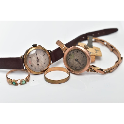 63 - TWO WRISTWATCHES AND TWO RINGS, to include an AF ladies 9ct gold wristwatch, round discoloured dial,... 