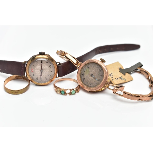 63 - TWO WRISTWATCHES AND TWO RINGS, to include an AF ladies 9ct gold wristwatch, round discoloured dial,... 