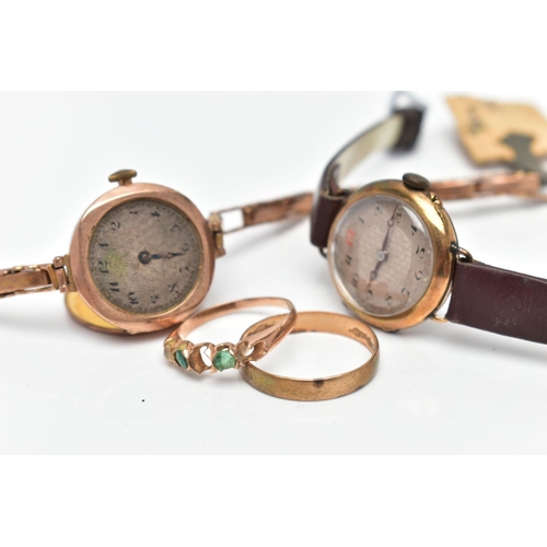 63 - TWO WRISTWATCHES AND TWO RINGS, to include an AF ladies 9ct gold wristwatch, round discoloured dial,... 