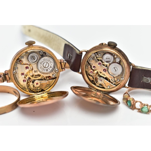 63 - TWO WRISTWATCHES AND TWO RINGS, to include an AF ladies 9ct gold wristwatch, round discoloured dial,... 