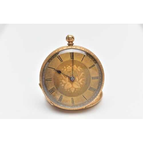 66 - A YELLOW METAL OPEN FACE POCKET WATCH, gold tone dial with floral detailing, Roman numerals, yellow ... 